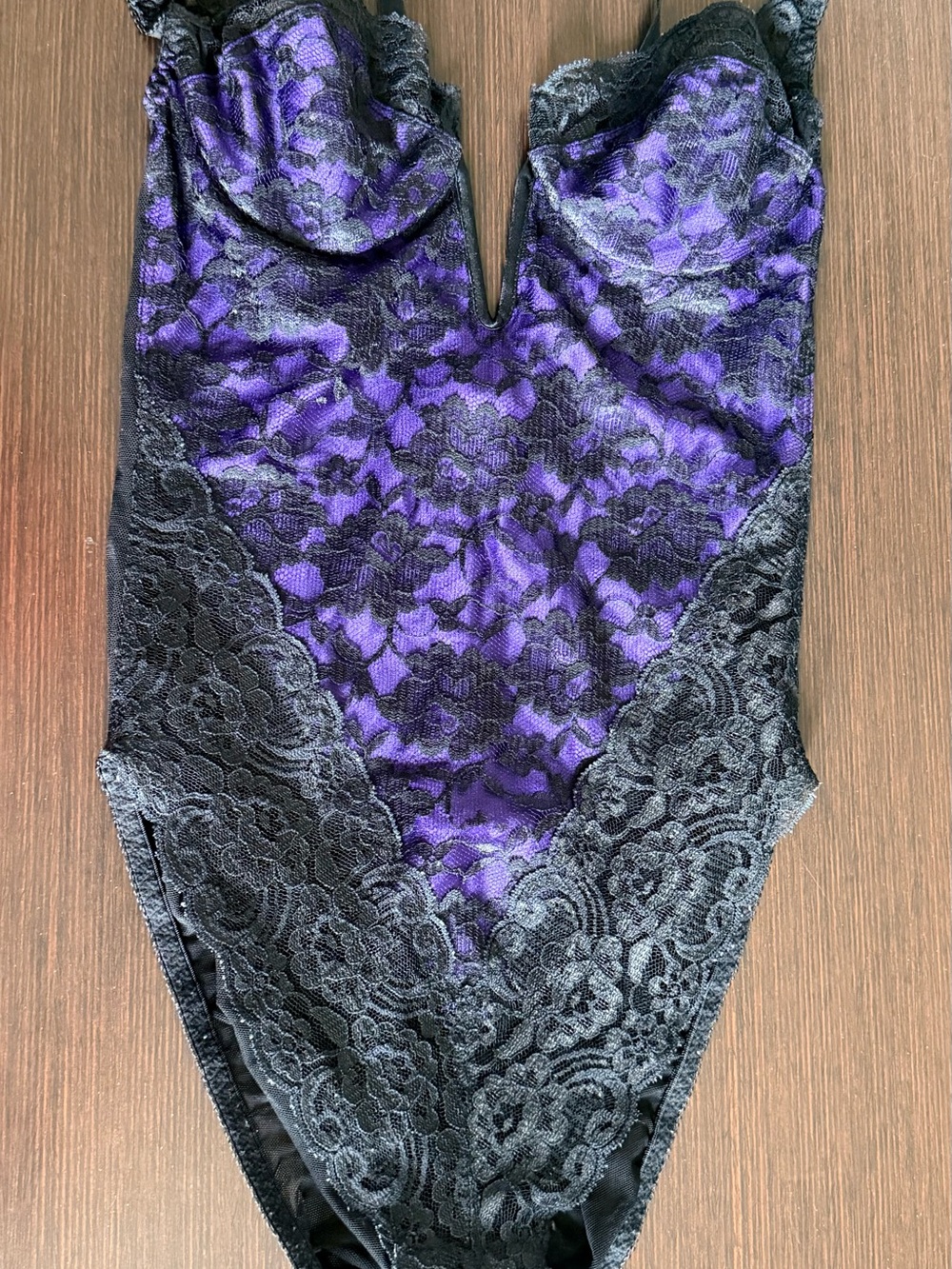 Victoria’s Secret Gold Label Purple & Black Lace-Trim Teddy Bodysuit